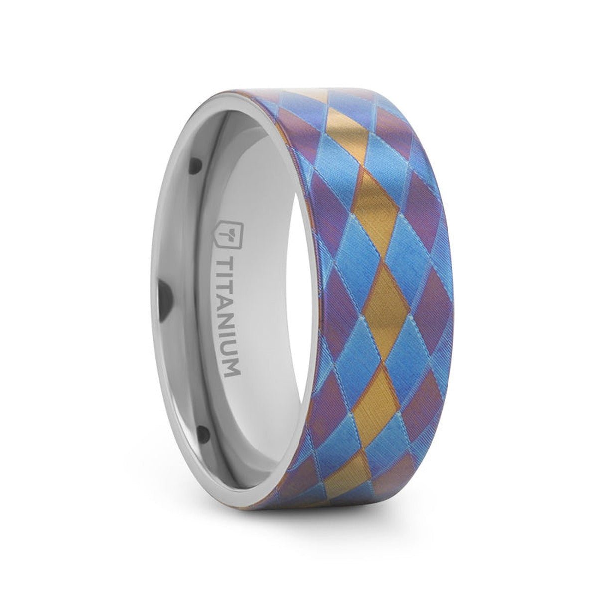 MAJESTIC | Flat Titanium Ring, Purple Blue Gold Diamond Pattern