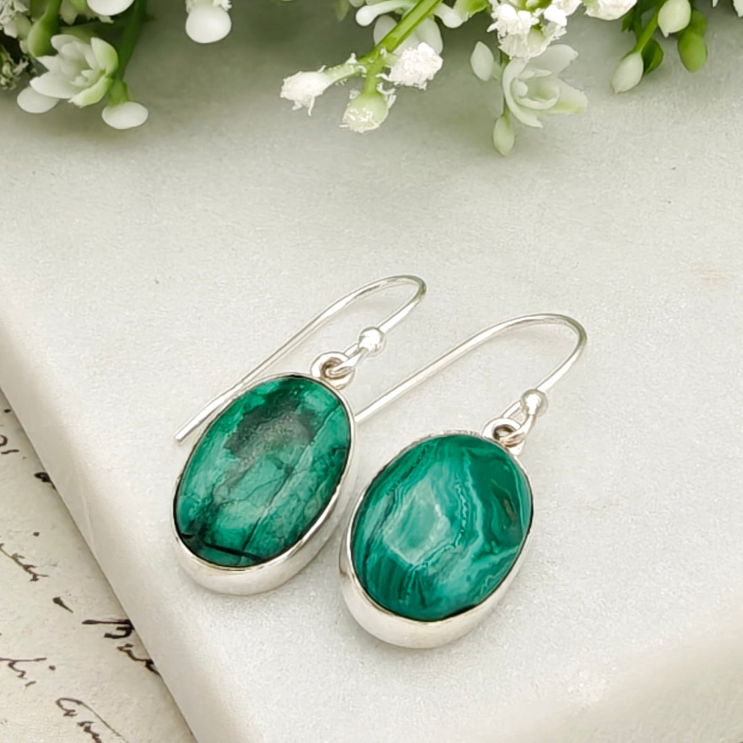 Malachite Earrings in Sterling Silver | 15mm length | Taurus Birthstone