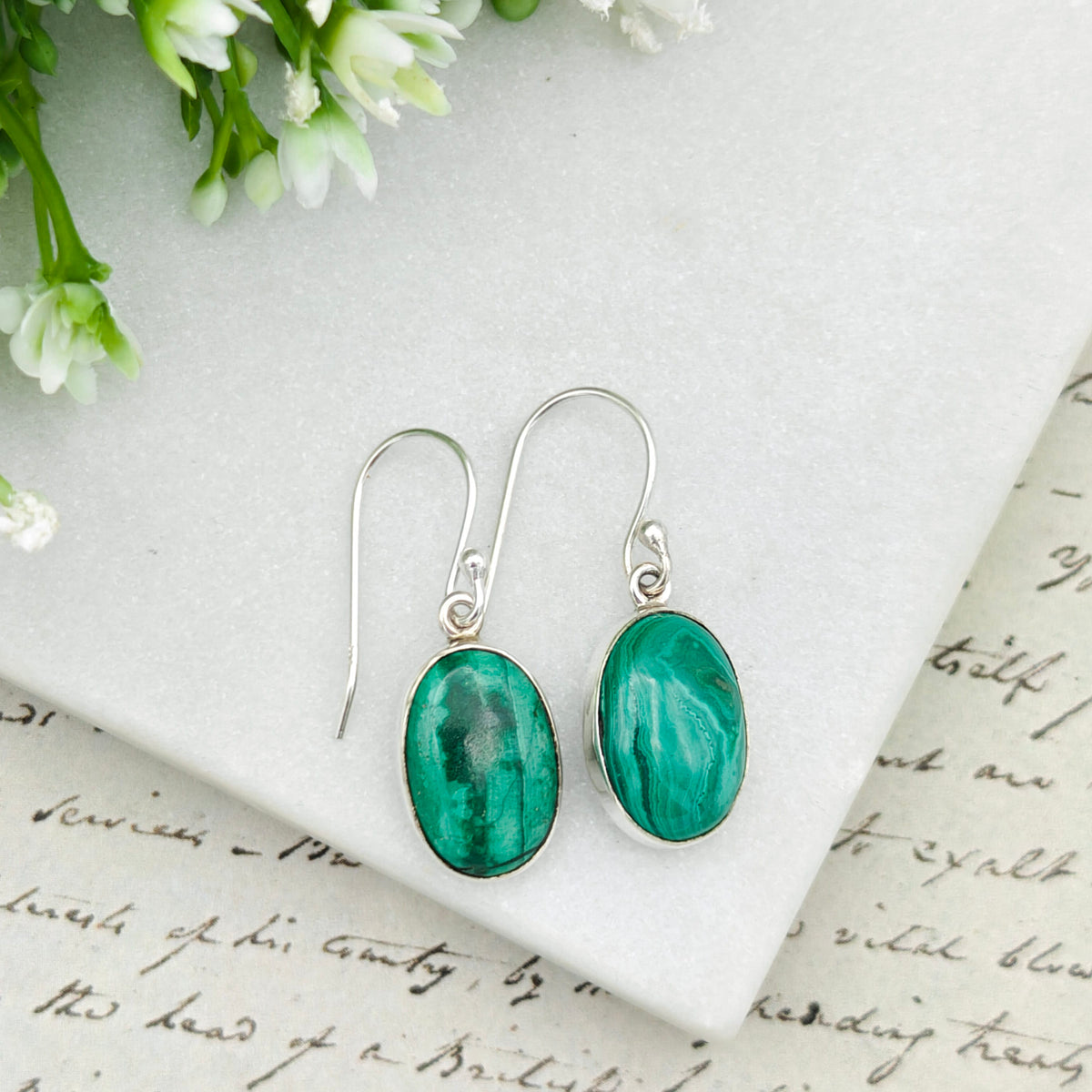 Malachite Earrings in Sterling Silver | 15mm length | Taurus Birthstone