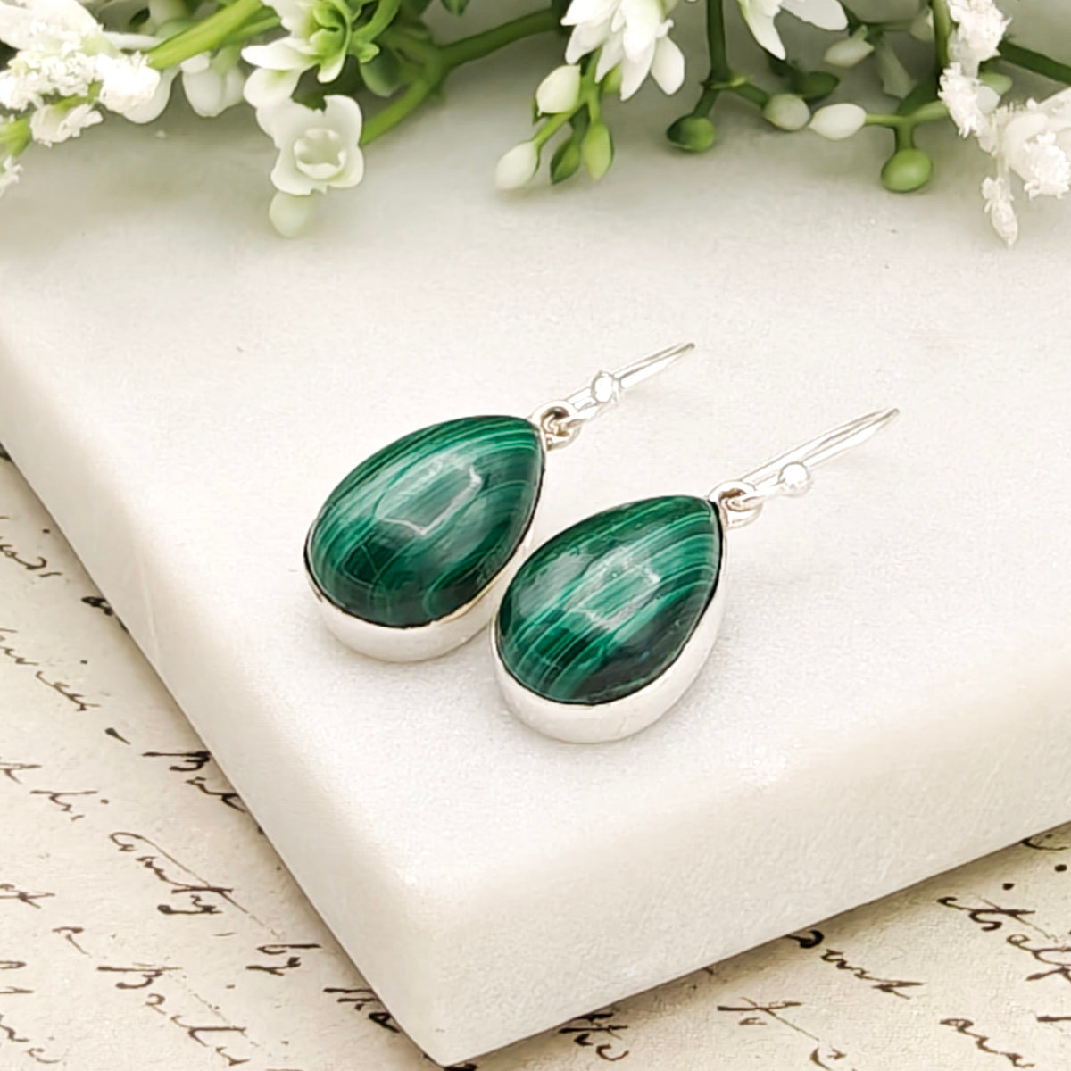 Malachite Earrings in Sterling Silver | 15mm length | Taurus Birthstone