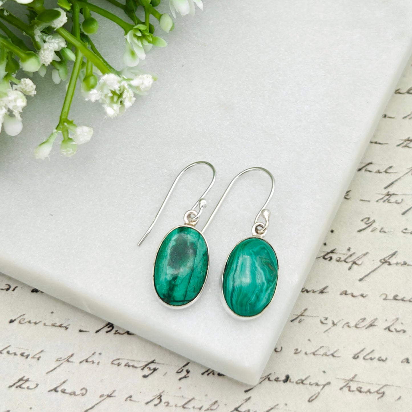 Malachite Earrings in Sterling Silver | 15mm length | Taurus Birthstone