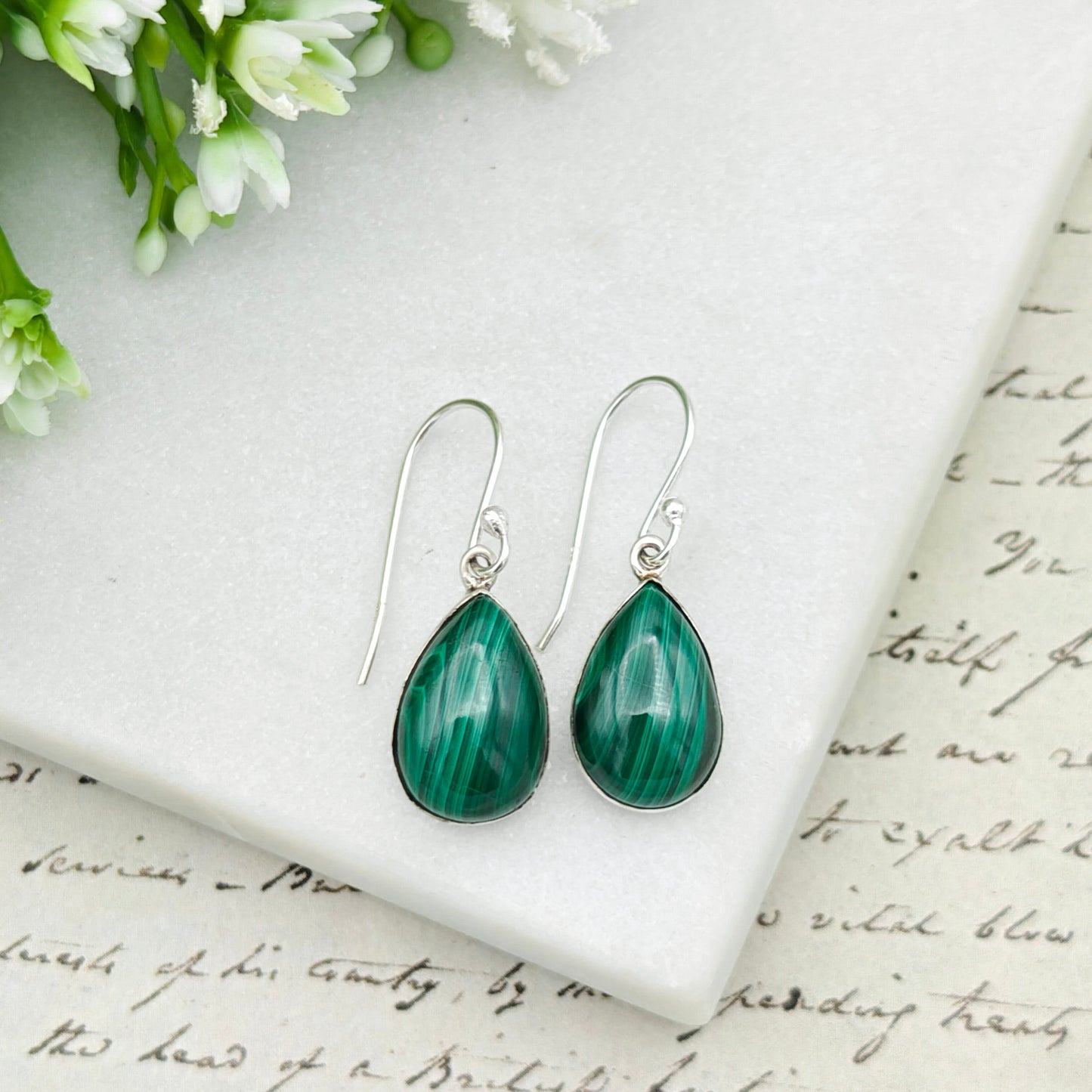 Malachite Earrings in Sterling Silver | 15mm length | Taurus Birthstone