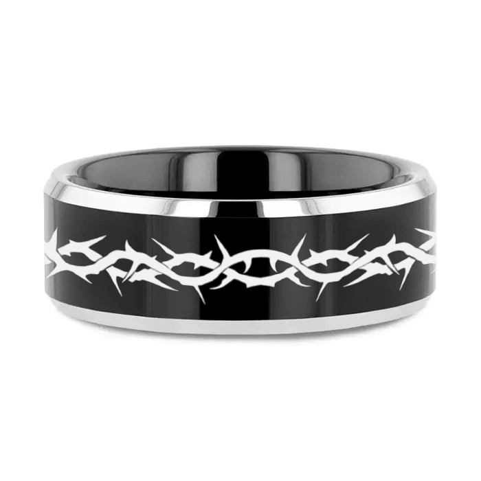 MARTYR | Tungsten Thorn Crown Wedding Band, Black Center, Beveled Edges