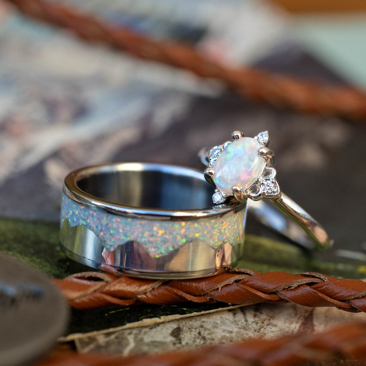 "Zella" - Oval Cabochon Cut White Opal Engagement Ring With Diamond Accents
