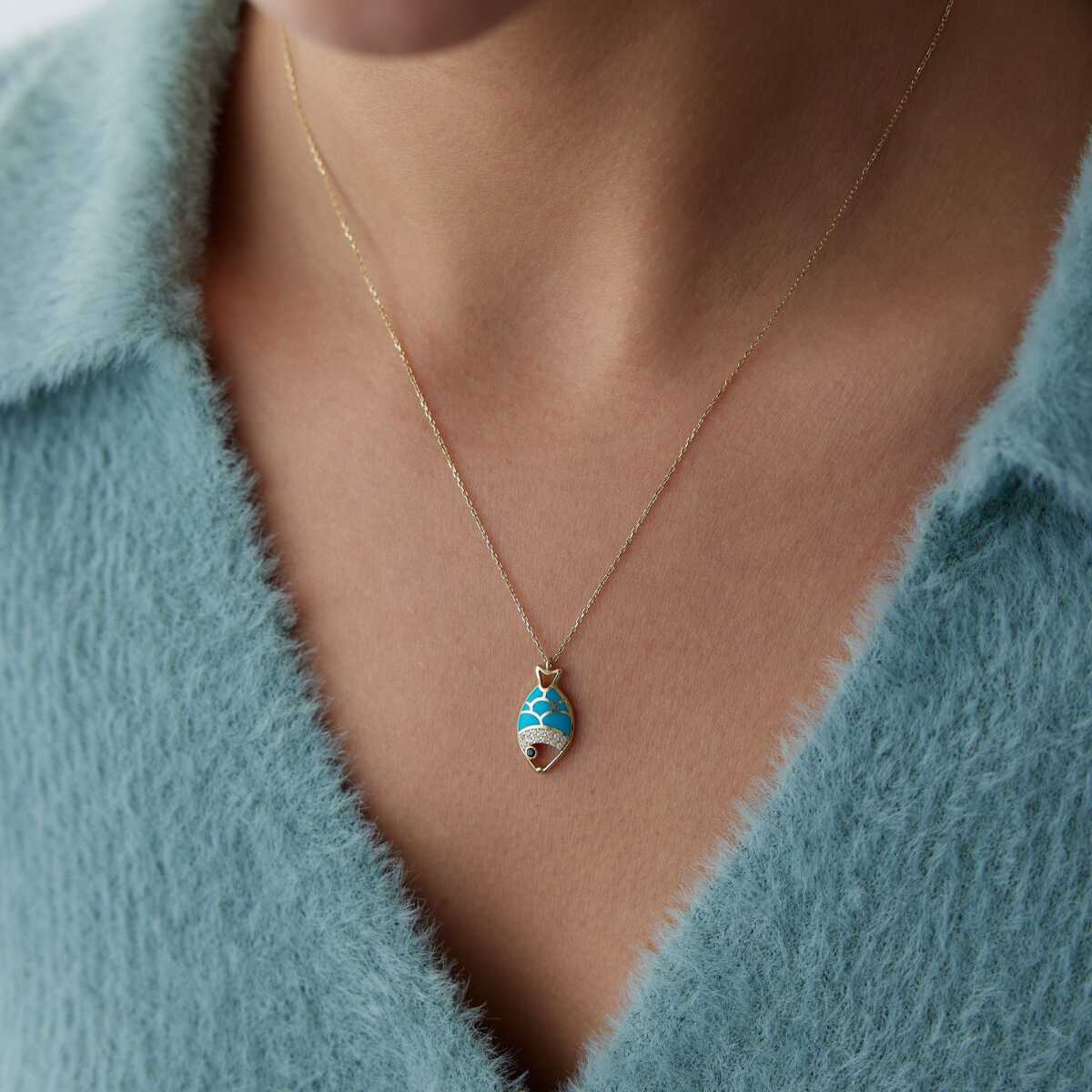 14k Gold Blue Enamel Fish Necklace