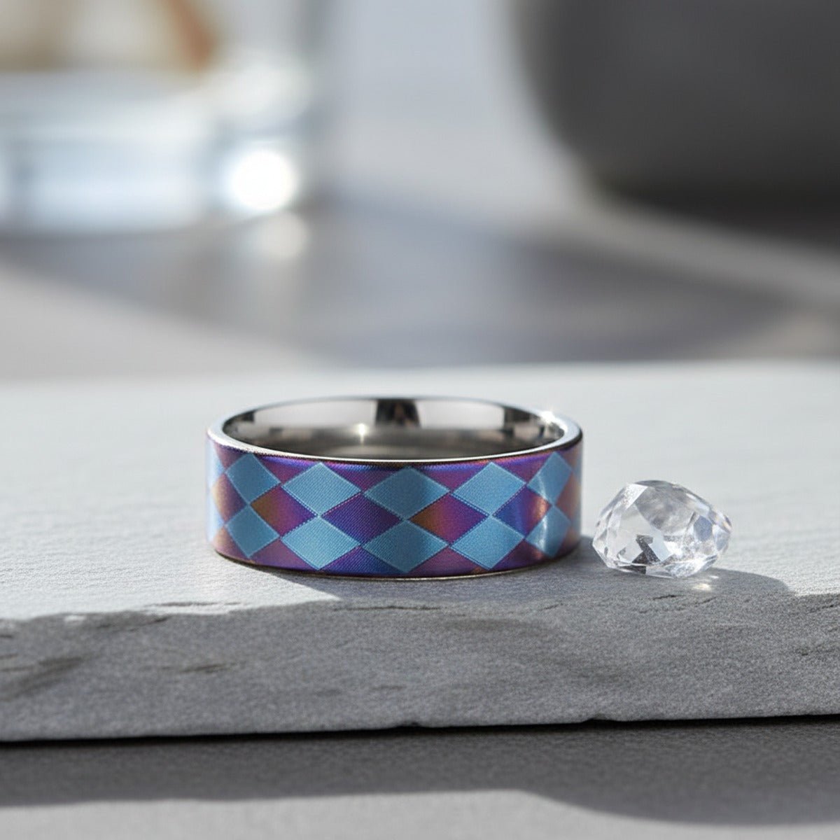 MERIDIAN | Flat Titanium Ring, Purple and Blue Diamond Pattern