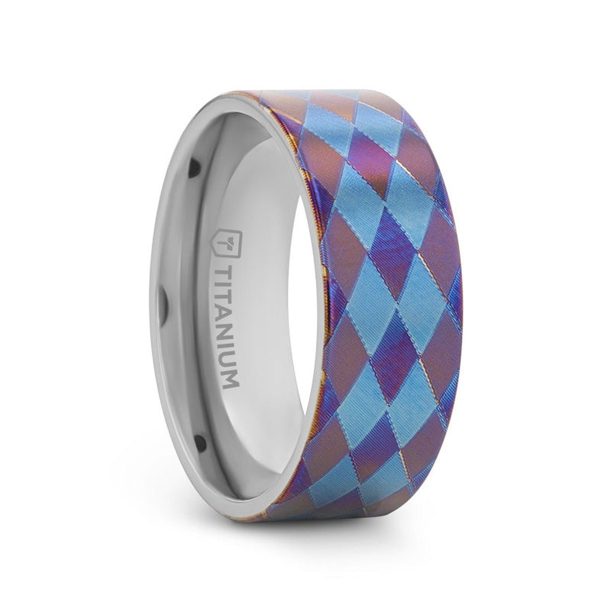 MERIDIAN | Flat Titanium Ring, Purple and Blue Diamond Pattern