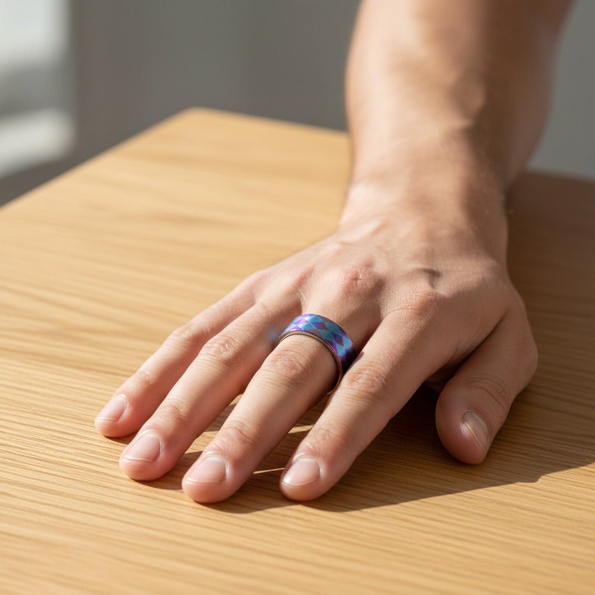 MERIDIAN | Flat Titanium Ring, Purple and Blue Diamond Pattern