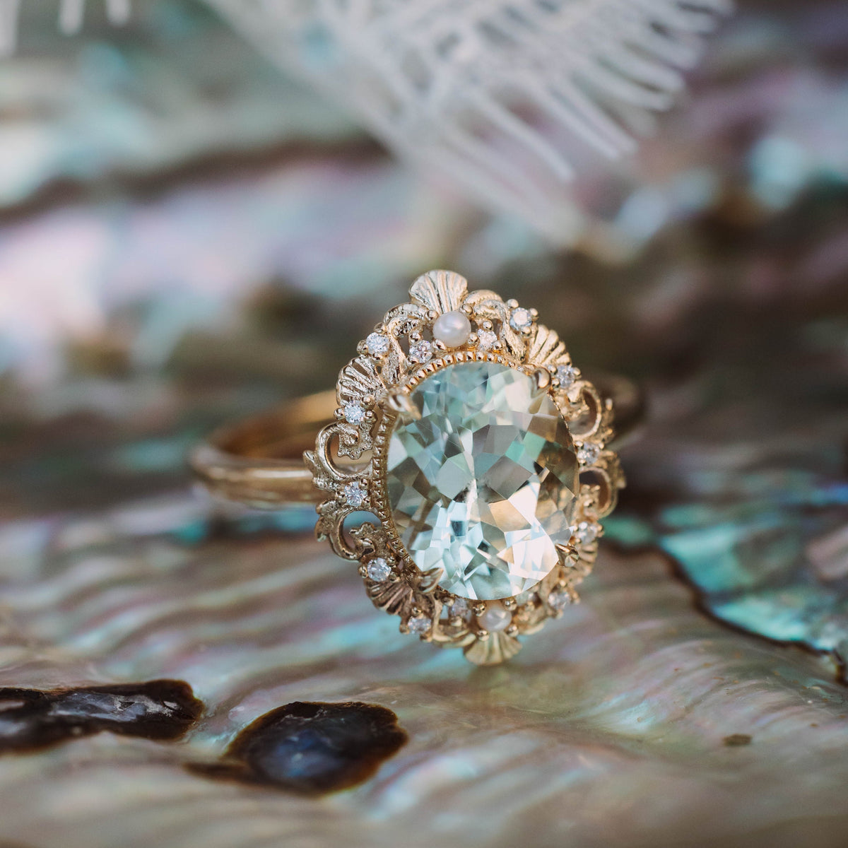 "Merrow" - Oval Cut Prasiolite Engagement Ring With Pearl Accents And Diamond Tracer
