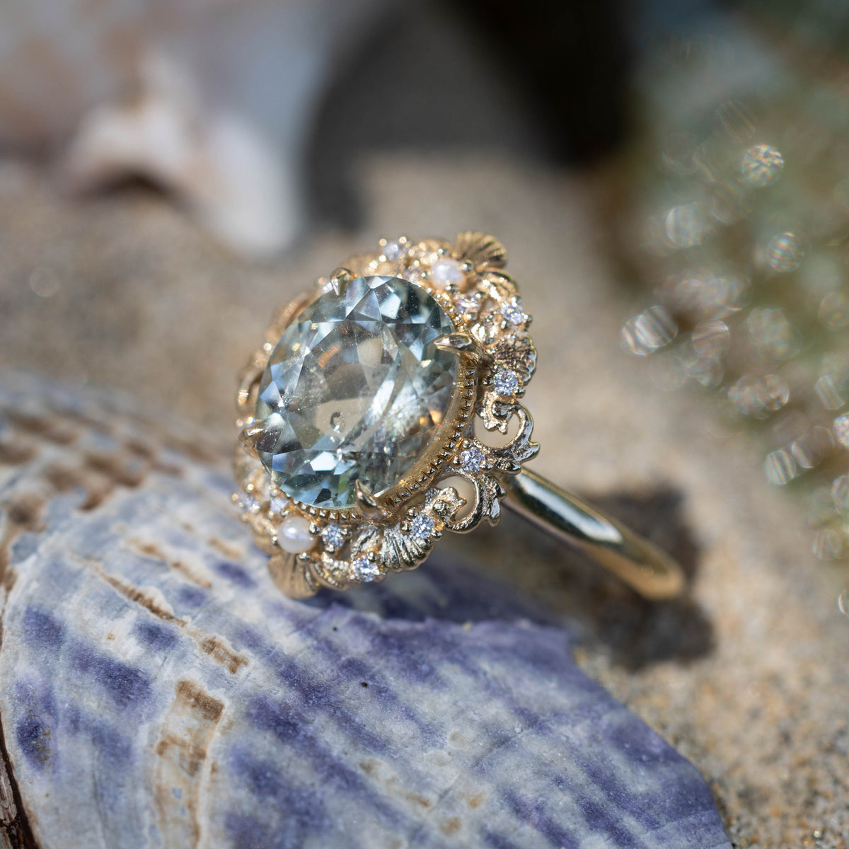 "Merrow" - Oval Cut Prasiolite Engagement Ring With Pearl Accents And Diamond Tracer