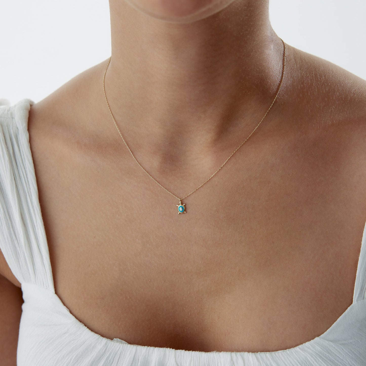 14k Gold Blue Enamel Turtle Necklace