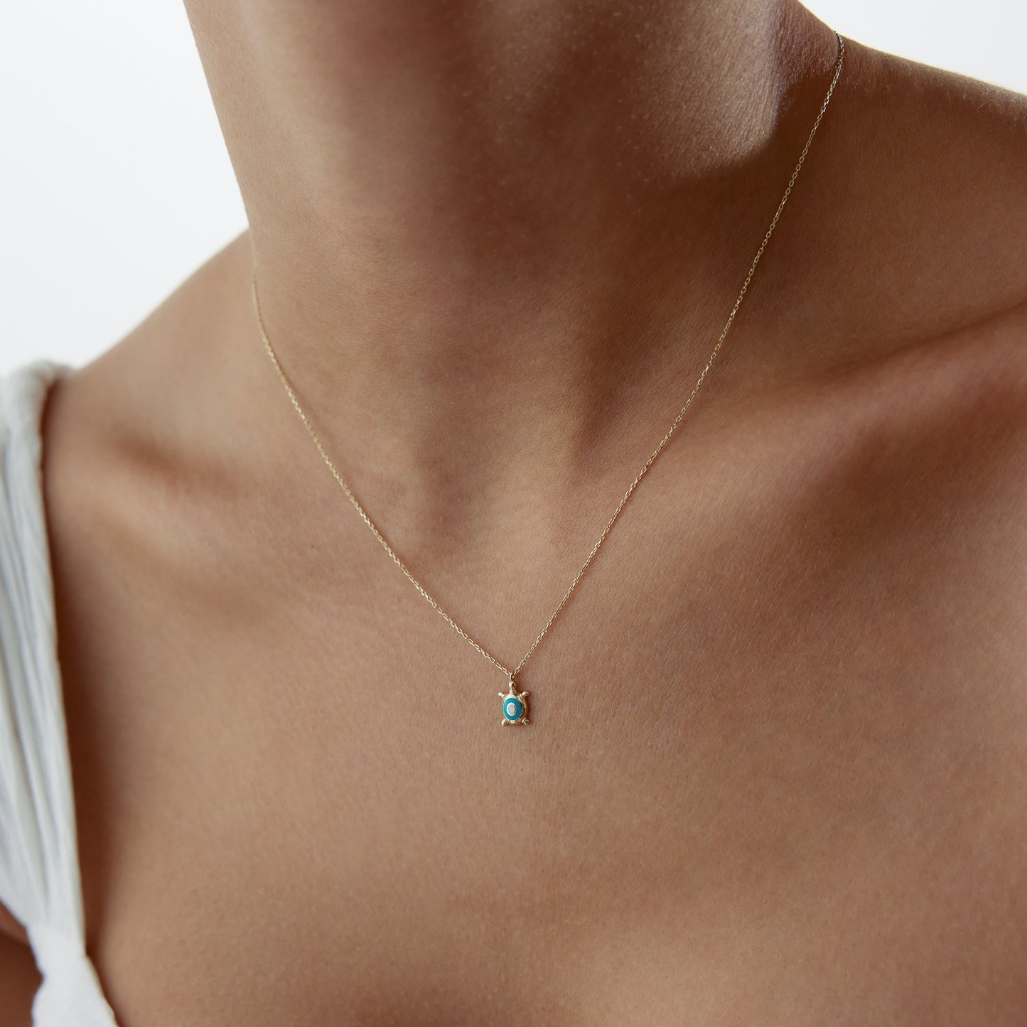 14k Gold Blue Enamel Turtle Necklace
