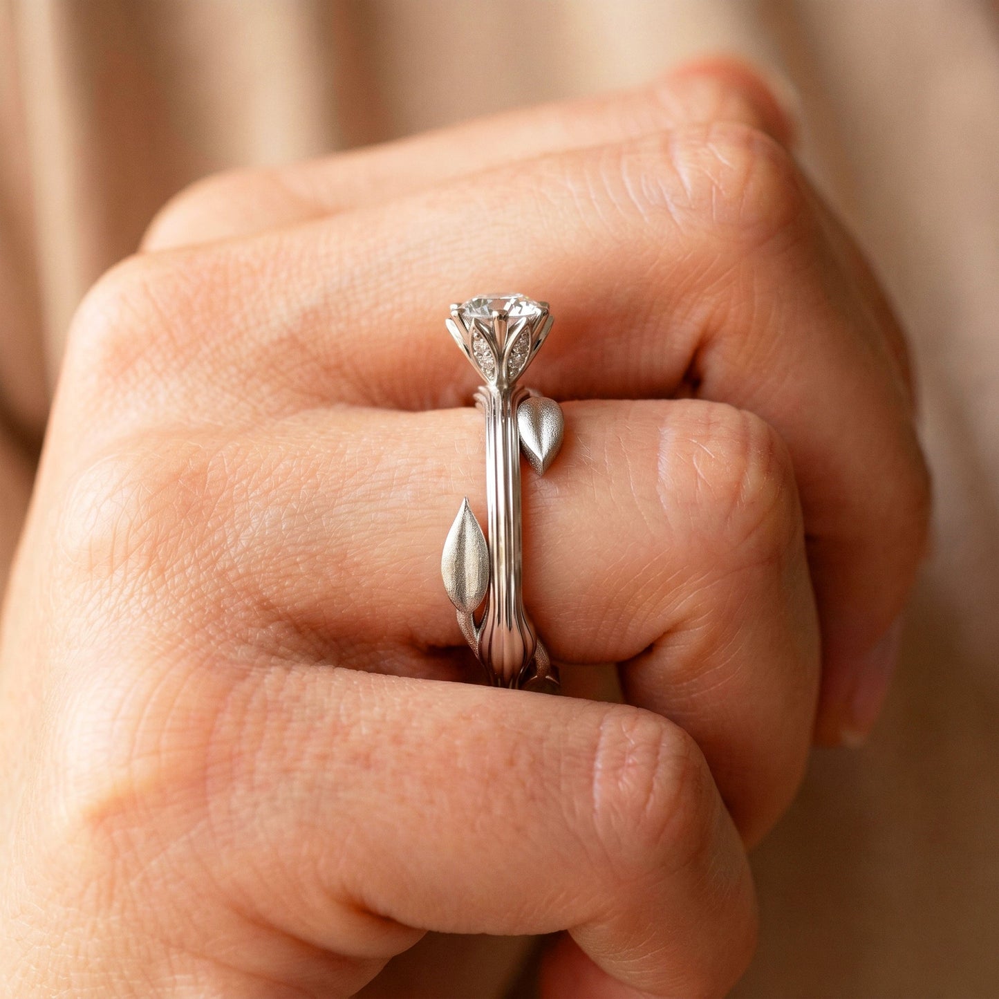 Nature Inspired Dainty Engagement Ring 1 Carat Round Lab Grown Diamond D VS1 IGI Certified