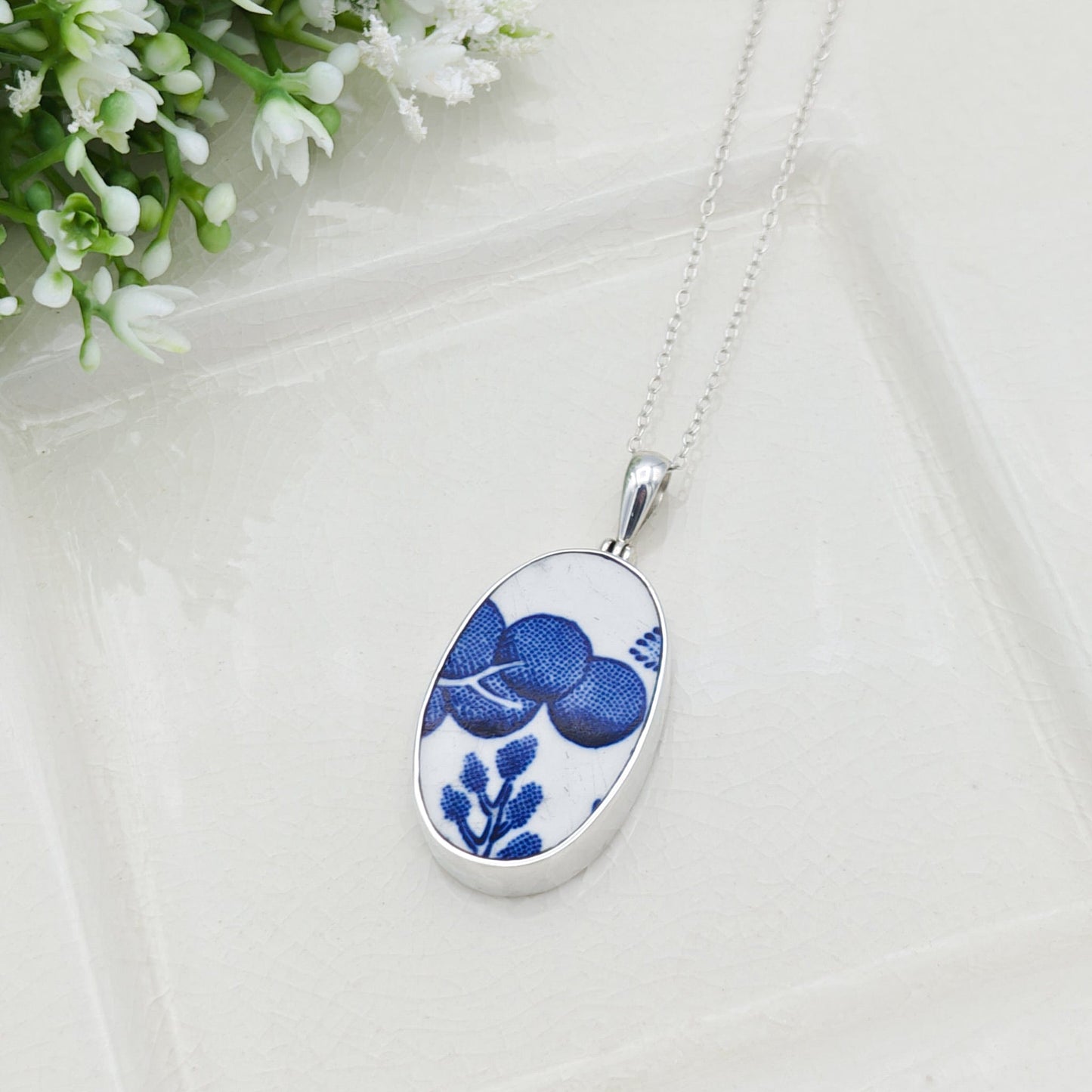 Blue Willow Pattern Pottery Pendant | 30mm Oval | Upcycled Blue Willow | Sterling Silver