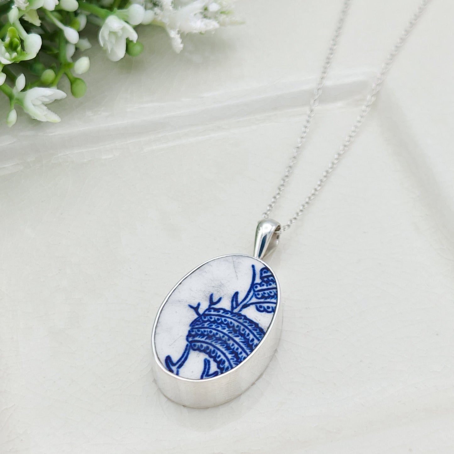 Blue Willow Pattern Pottery Pendant | 30mm Oval | Upcycled Blue Willow | Sterling Silver