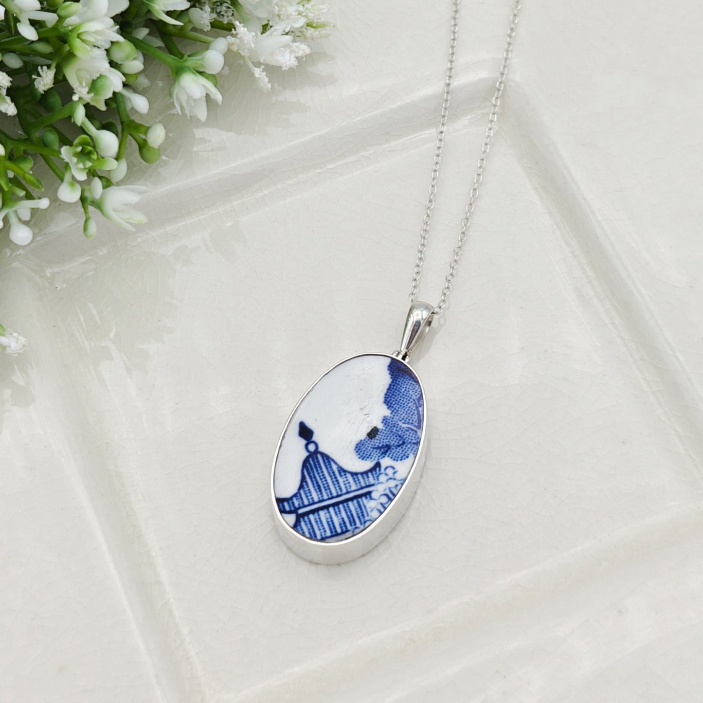 Blue Willow Pattern Pottery Pendant | 30mm Oval | Upcycled Blue Willow | Sterling Silver