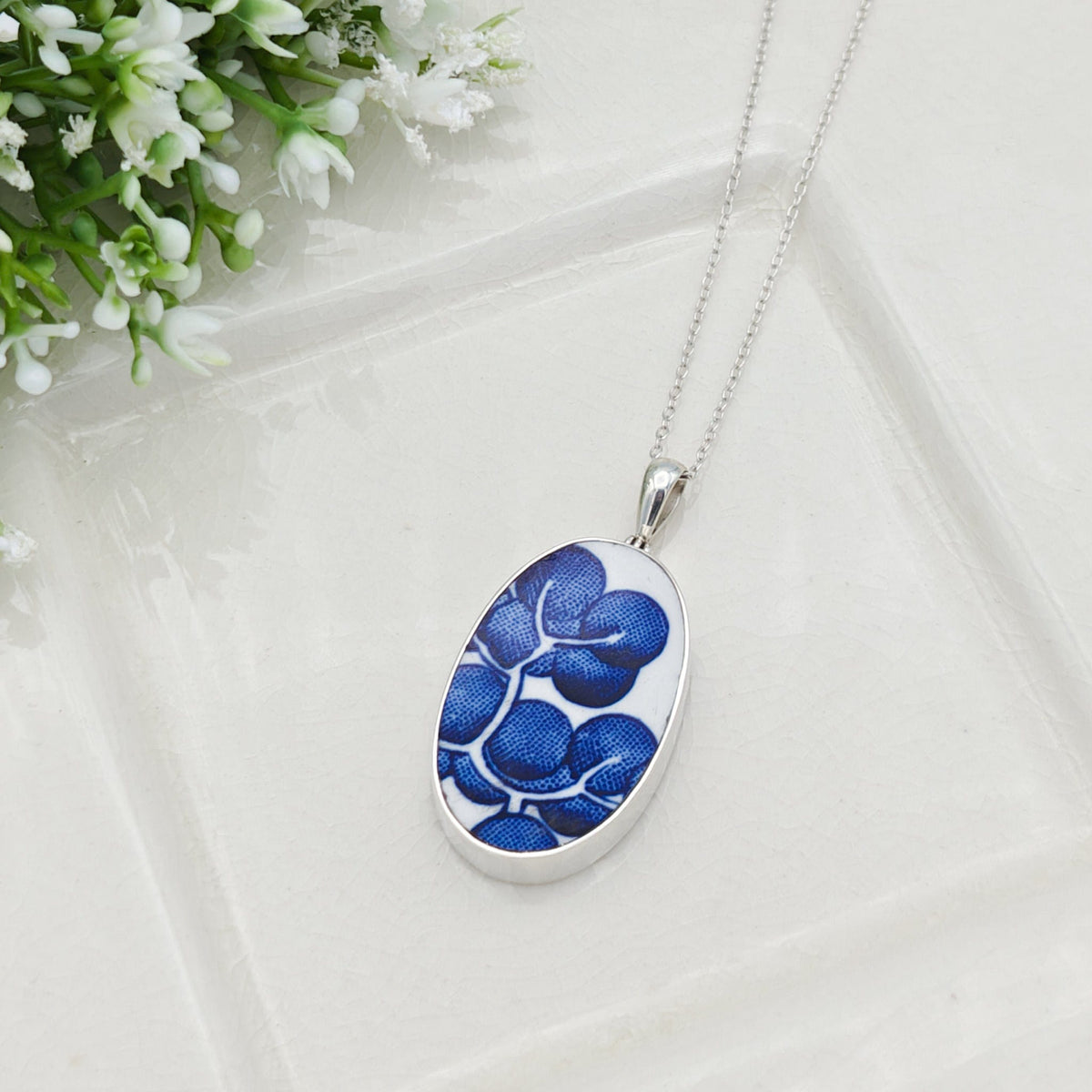 Blue Willow Pattern Pottery Pendant | 30mm Oval | Upcycled Blue Willow | Sterling Silver