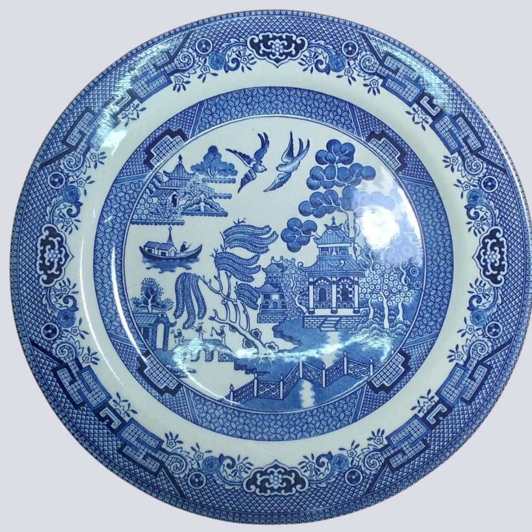 Blue Willow Pattern Pottery Pendant | 30mm Oval | Upcycled Blue Willow | Sterling Silver