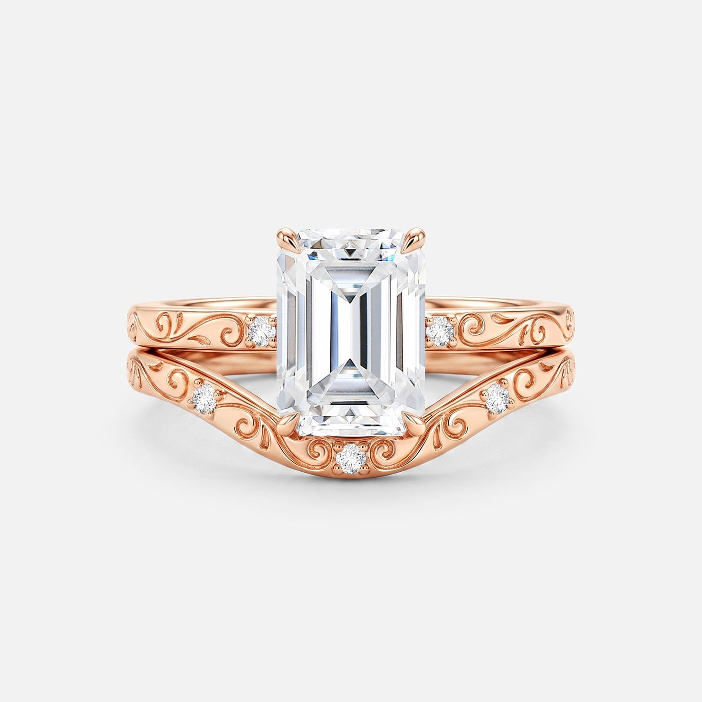 Emerald Cut Engraved Lab Grown Diamond Vintage Ring Set 2pcs - Lyric