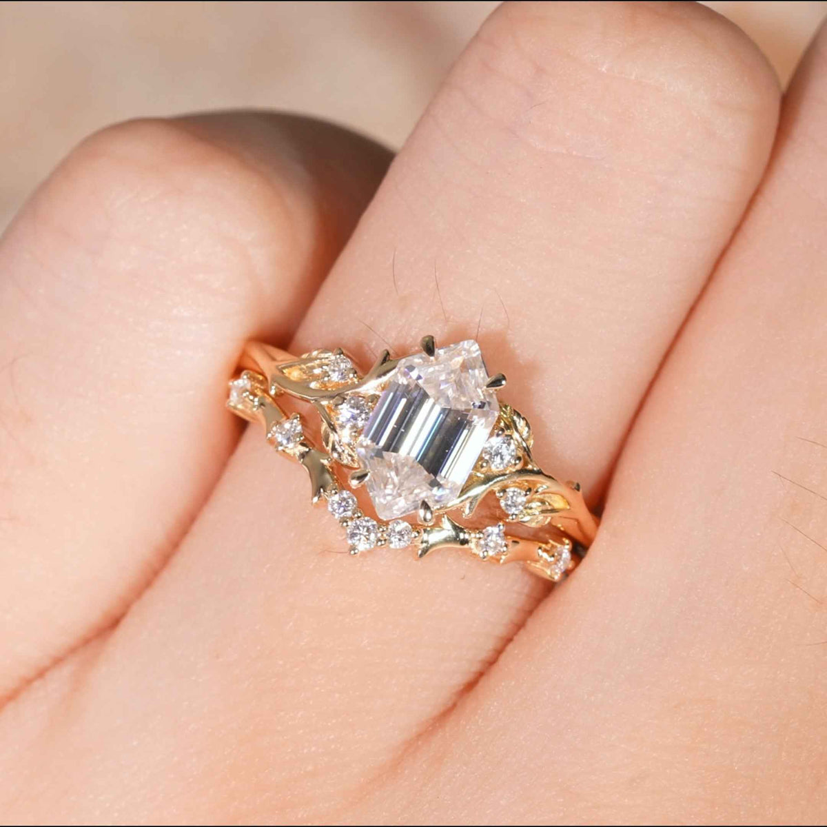 Nature Hexagon Cut Moissanite Vine Gemstone Ring Set 2pcs
