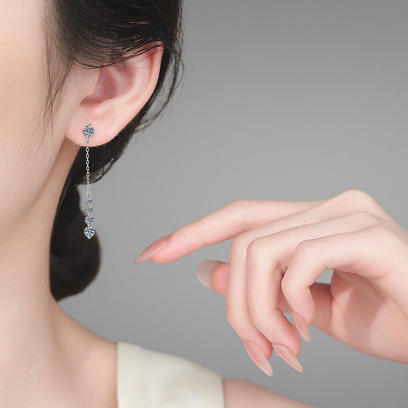 S925 Sterling Silver Moissanite Earrings, Luxury Dainty Long Dangle Tassel Drop Earrings for Women