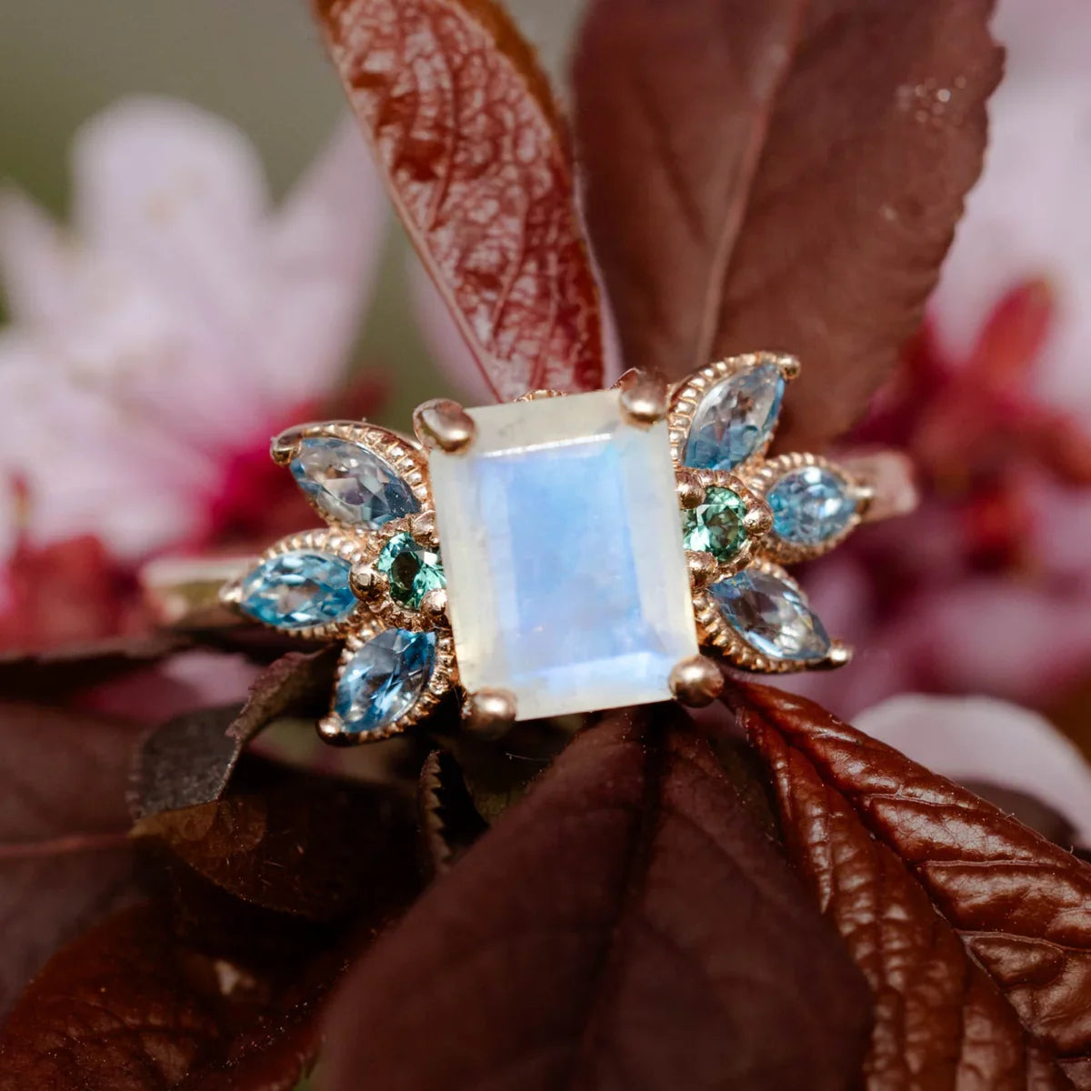 "Moonshadow" - Emerald Cut Moonstone Engagement Ring With Green Tourmaline & Aquamarine Accents - 14K Rose Gold - Size 7 1/4
