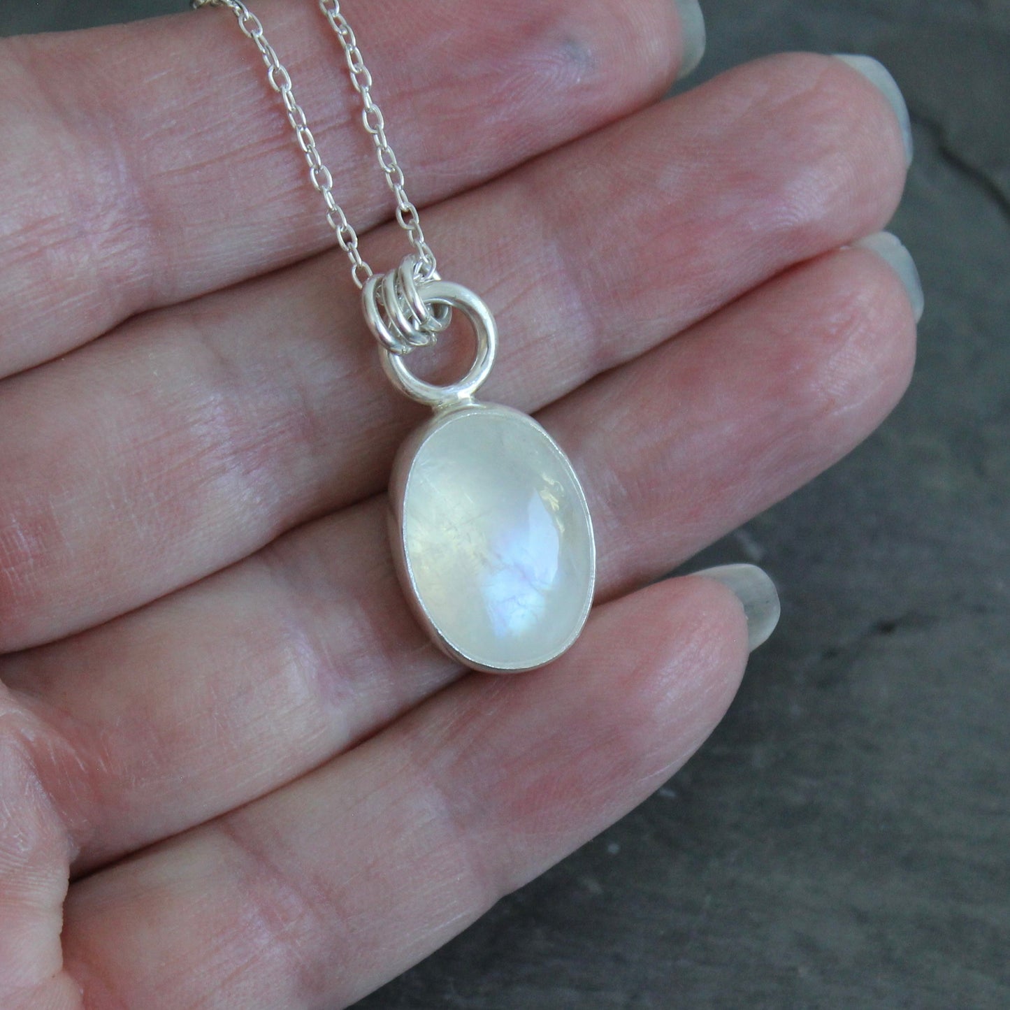 Rainbow Moonstone Oval Pendant Necklace | June Birthstone Handmade Jewelry