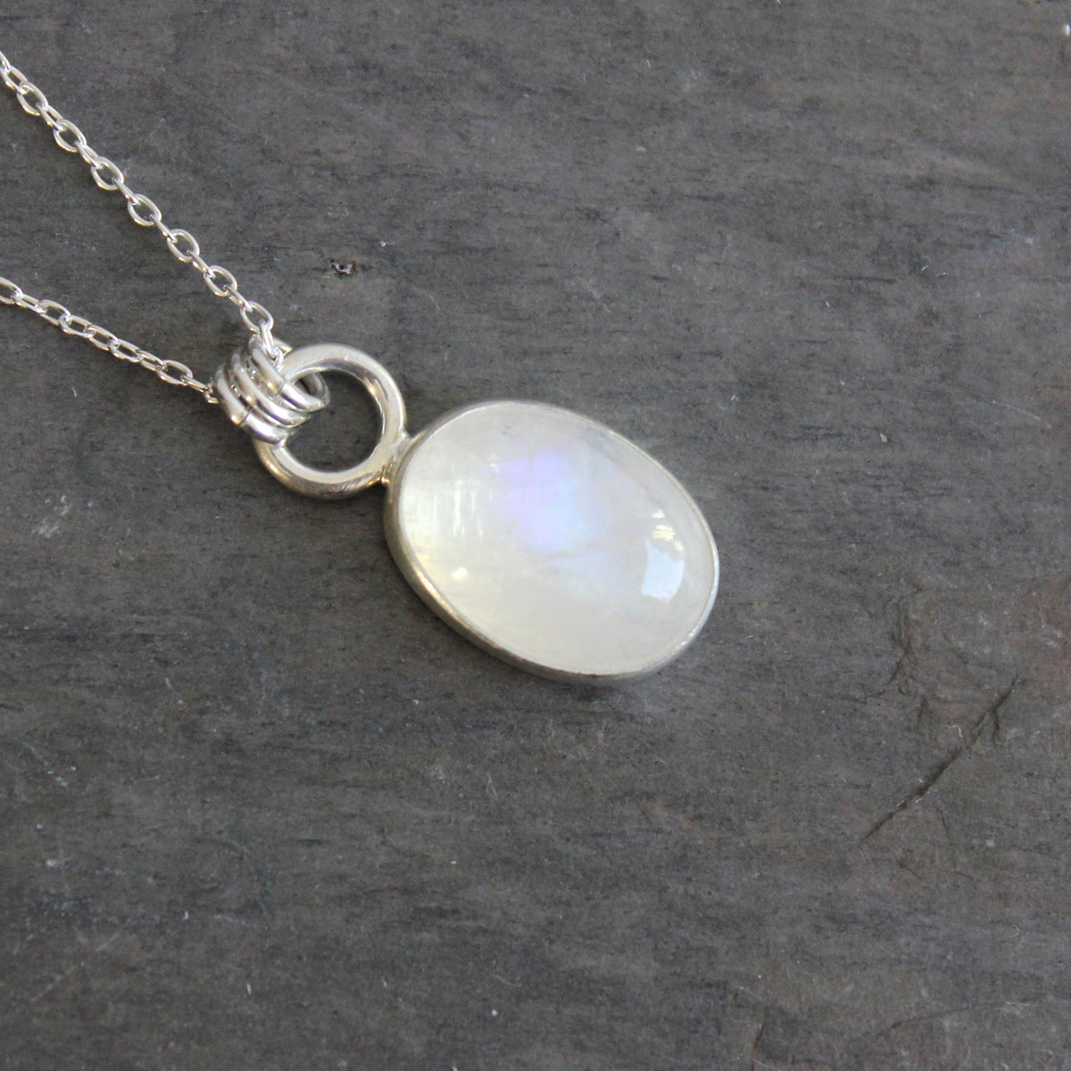 Rainbow Moonstone Oval Pendant Necklace | June Birthstone Handmade Jewelry