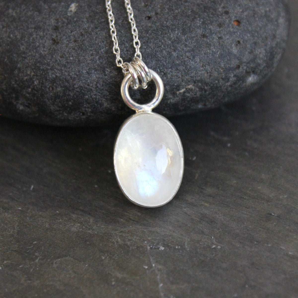 Rainbow Moonstone Oval Pendant Necklace | June Birthstone Handmade Jewelry