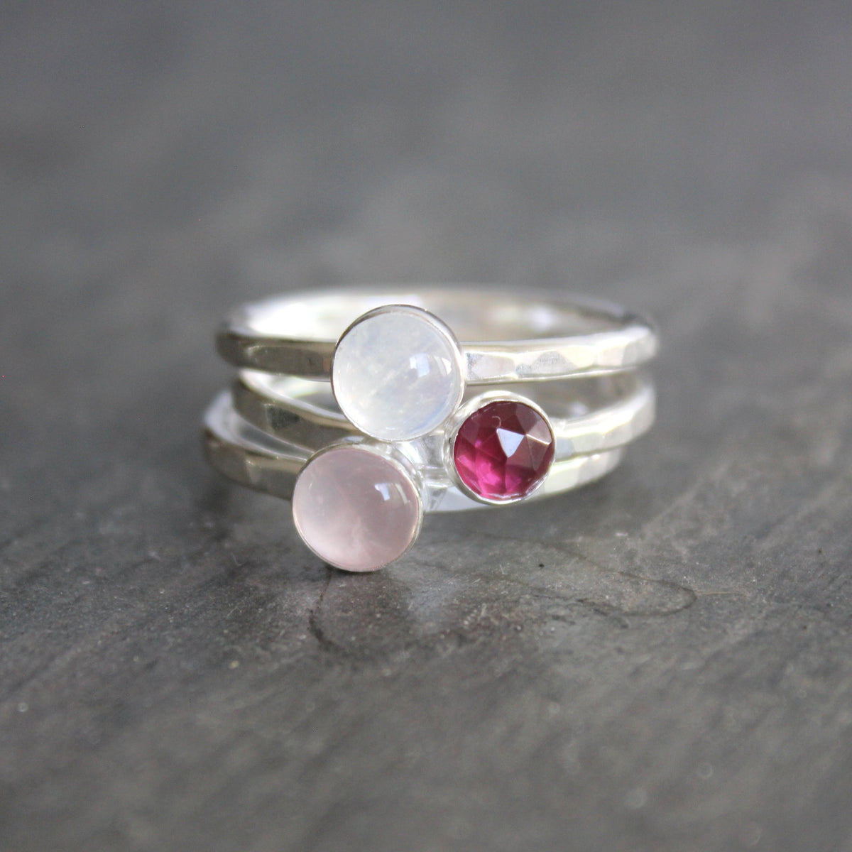 Sterling Silver Rose Cut Rose Quartz Stacking Ring | Dainty Minimalist Jewelry