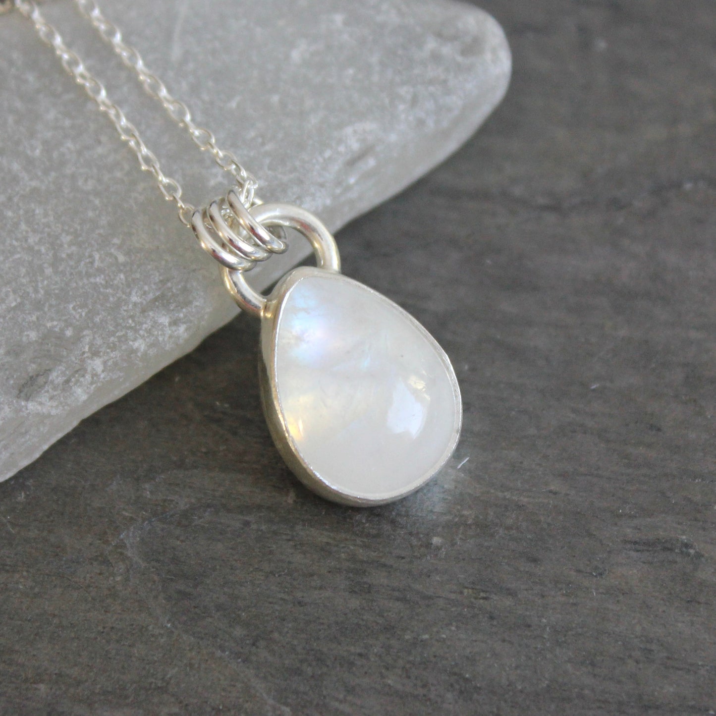 Rainbow Moonstone Teardrop Pendant Necklace | June Birthstone Handmade Jewelry