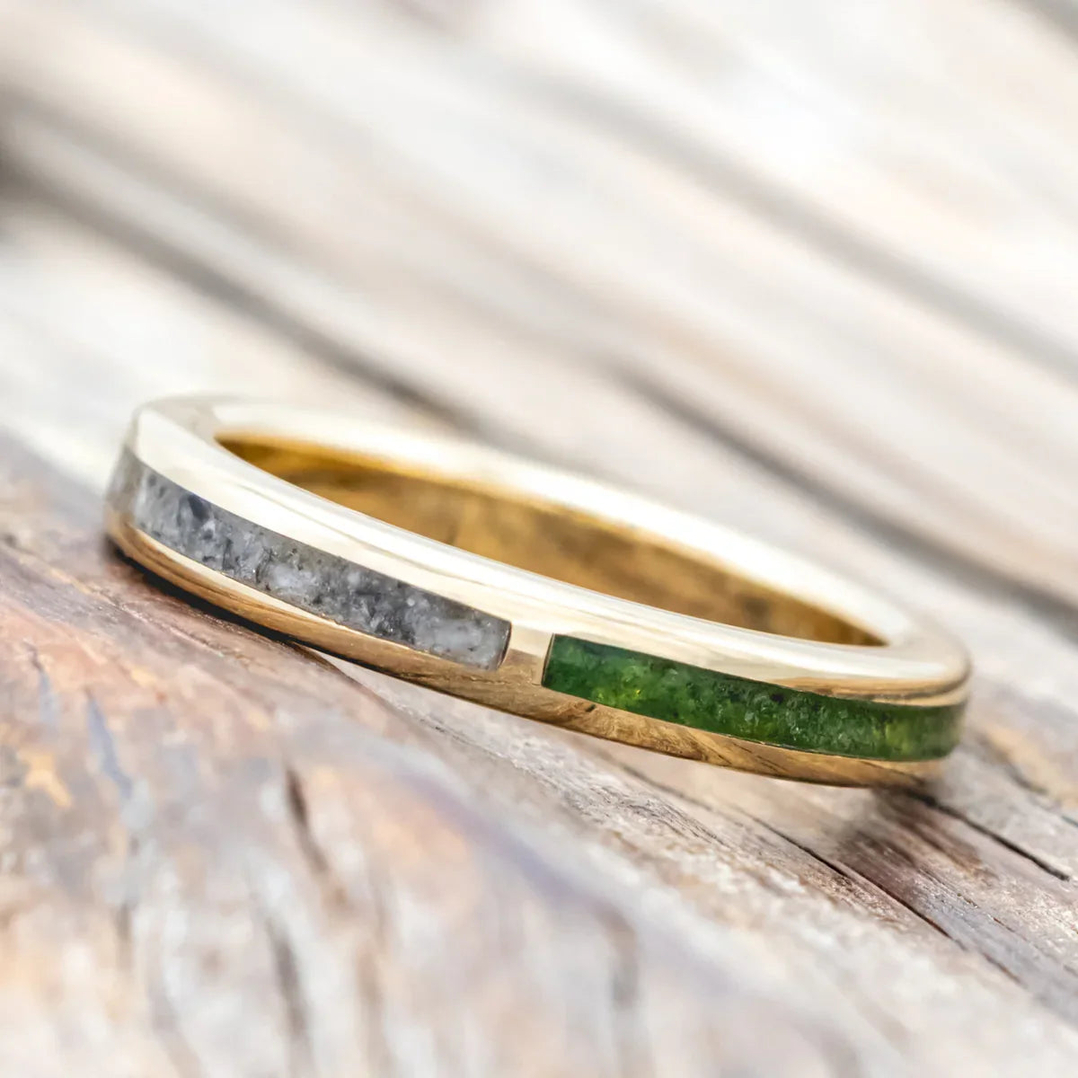 "Harmony" - Genuine Moss & Moonstone Split Stacking Ban - 14K Yellow Gold (3mm) - Size 5