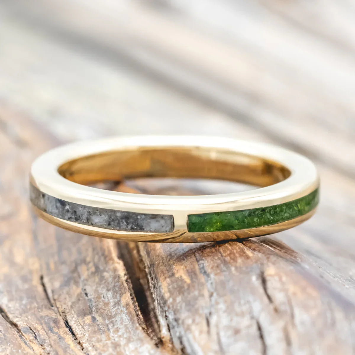 "Harmony" - Genuine Moss & Moonstone Split Stacking Ban - 14K Yellow Gold (3mm) - Size 5
