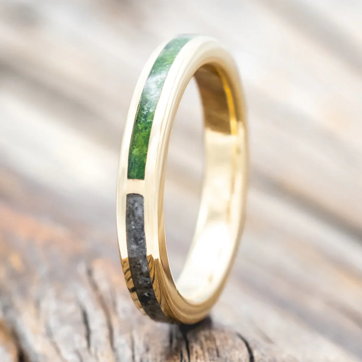 "Harmony" - Genuine Moss & Moonstone Split Stacking Ban - 14K Yellow Gold (3mm) - Size 5