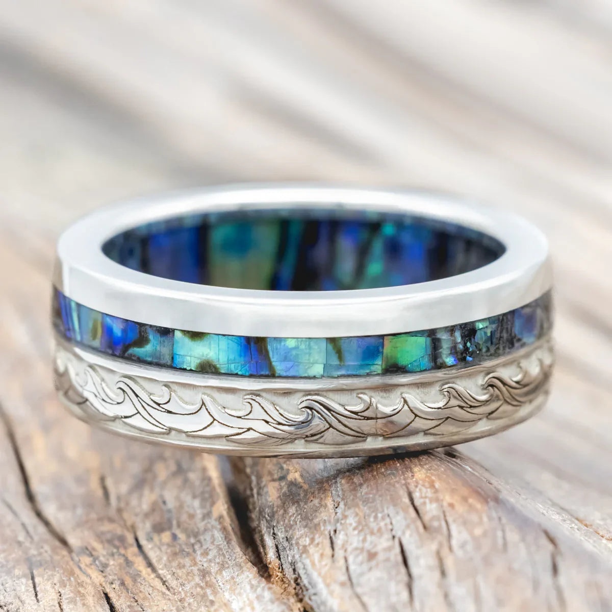 "Triton" - Wave Engraved Wedding Band With Paua Shell Inlay & Lining - Silver (8mm) - Size 9 3/4