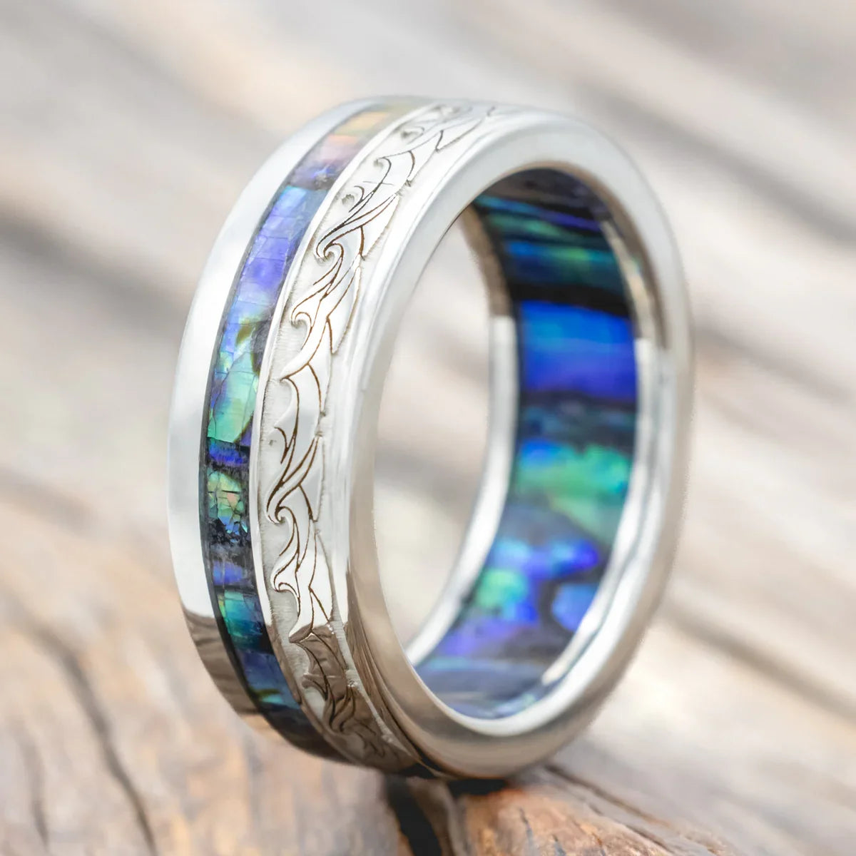 "Triton" - Wave Engraved Wedding Band With Paua Shell Inlay & Lining - Silver (8mm) - Size 9 3/4