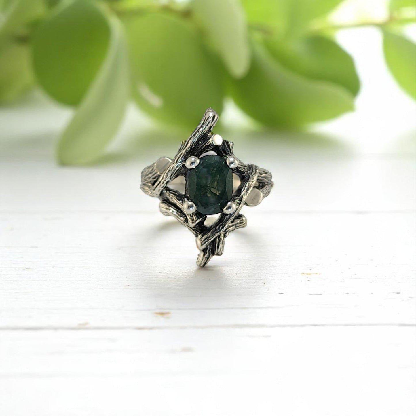 Moss Agate Gemstone Ring in Sterling Silver