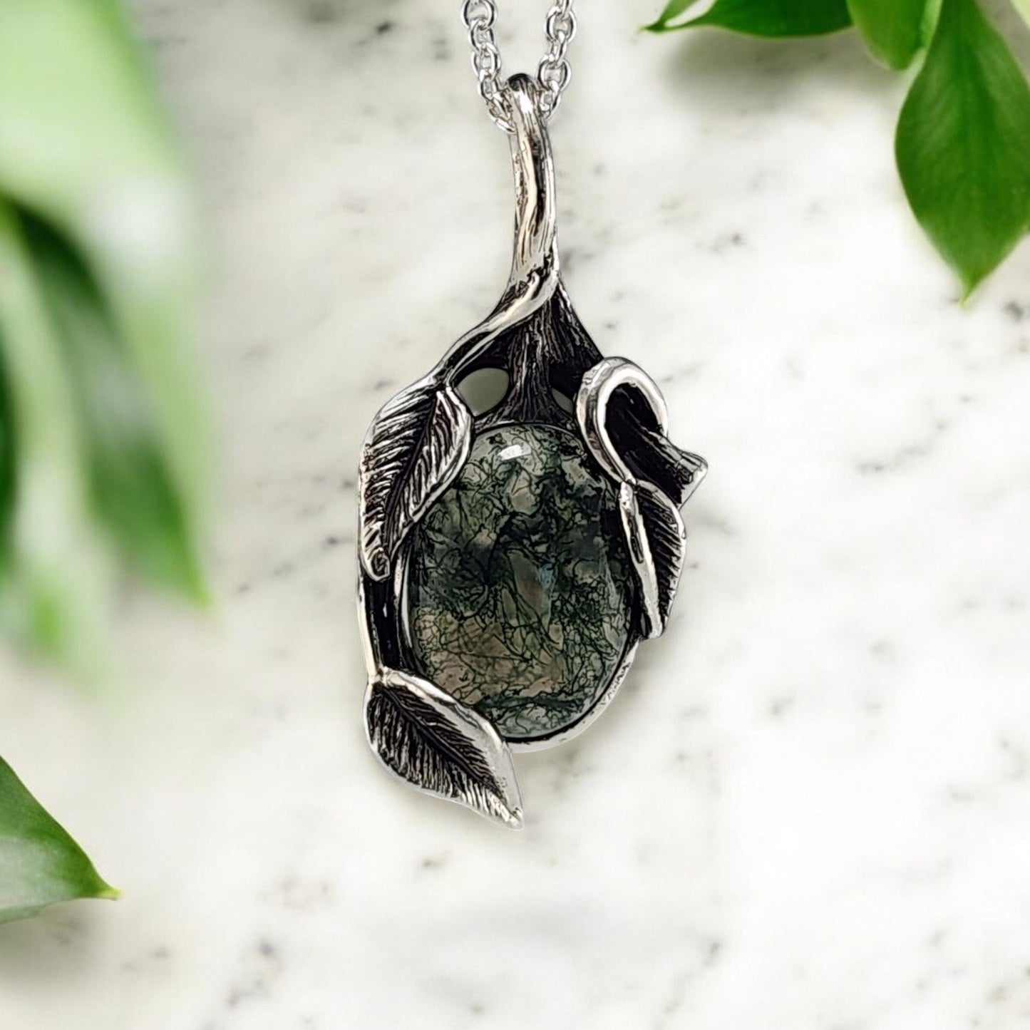 Moss Agate Gemstone Leaf Style Necklace