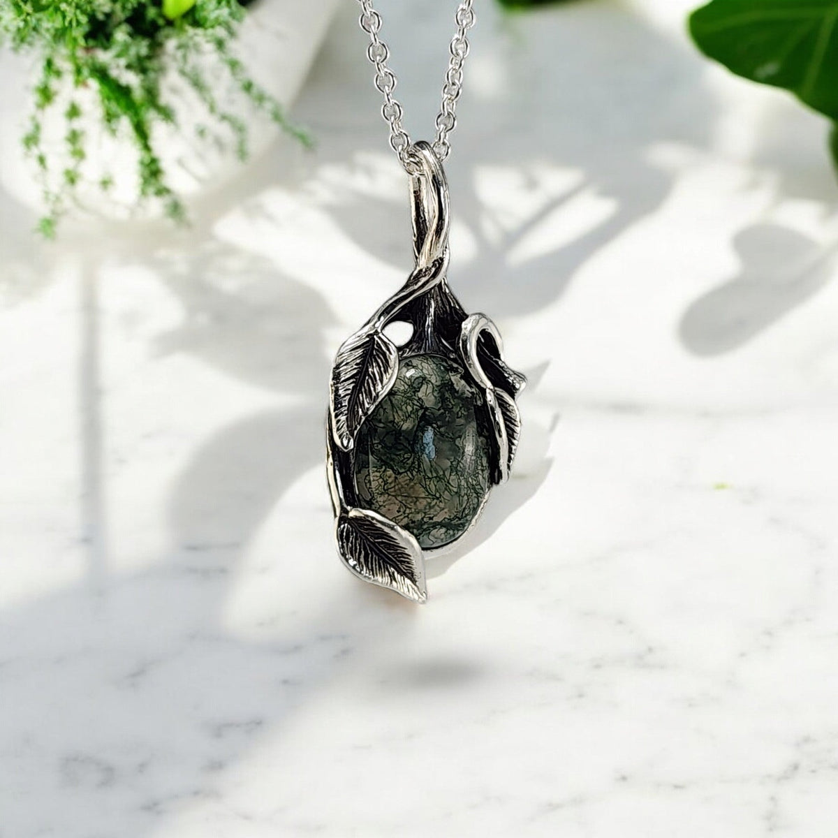 Moss Agate Gemstone Leaf Style Necklace