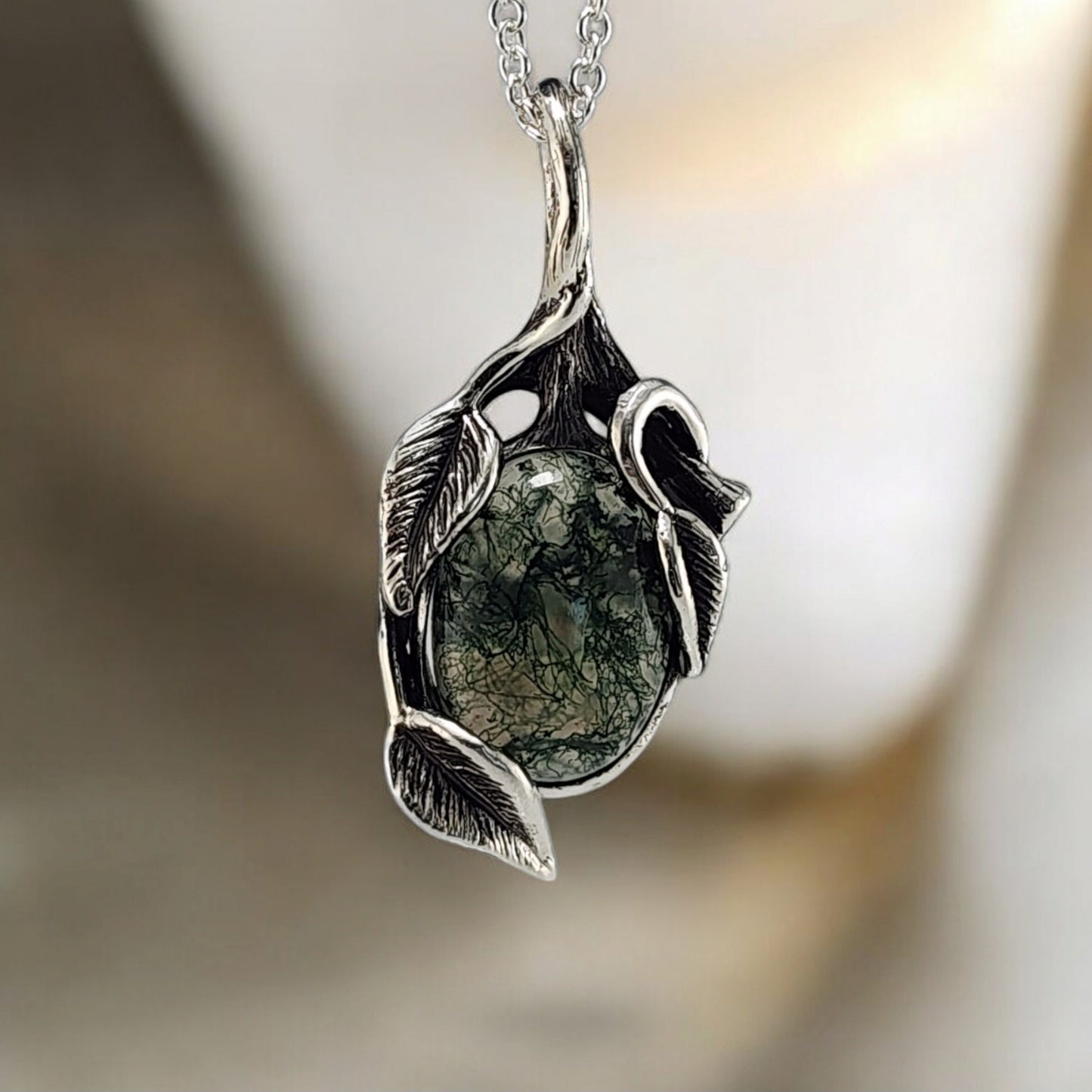 Moss Agate Gemstone Leaf Style Necklace