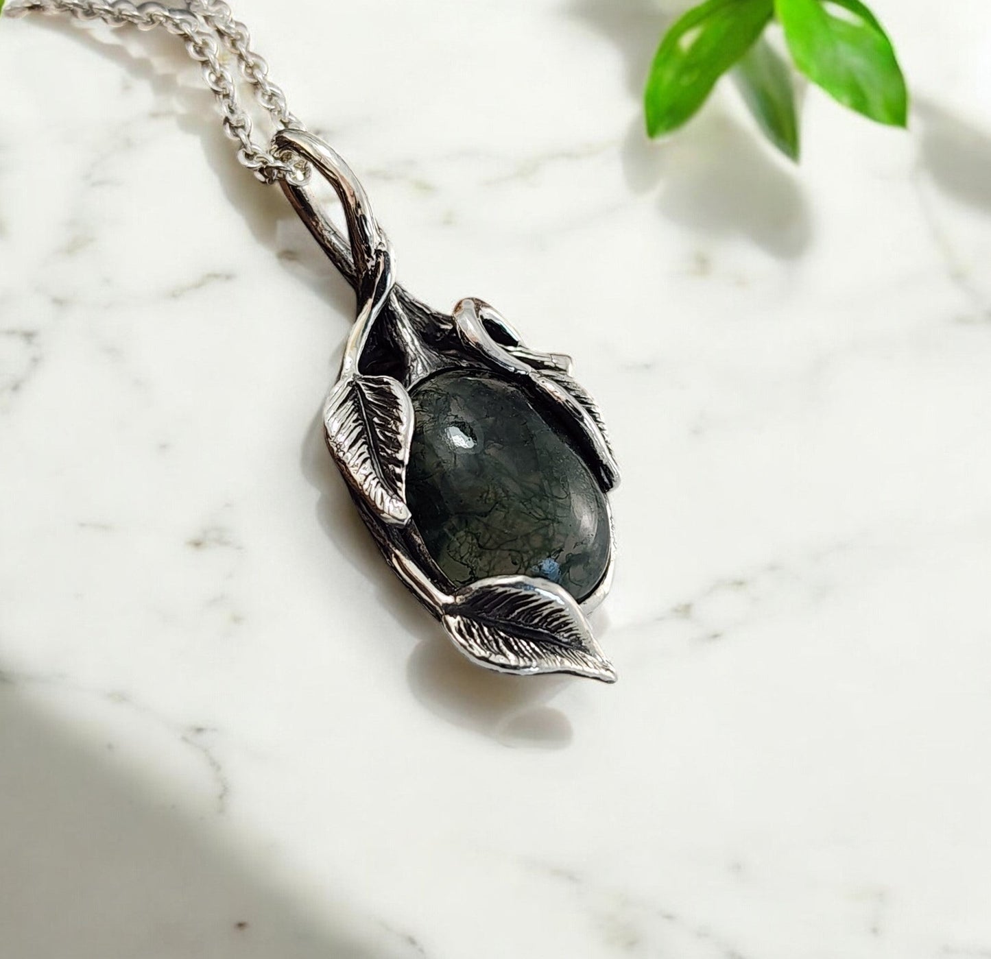 Moss Agate Gemstone Leaf Style Necklace