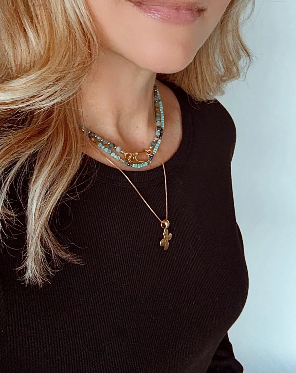 Genuine Moss Agate Beaded Necklace with Large Gold Carabiner Charm Clasp