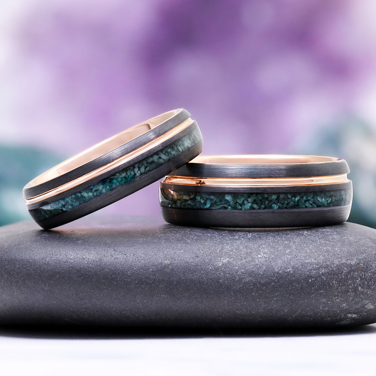 Moss Agate Two Tone Black Rose Gold Tungsten Couples Ring Set