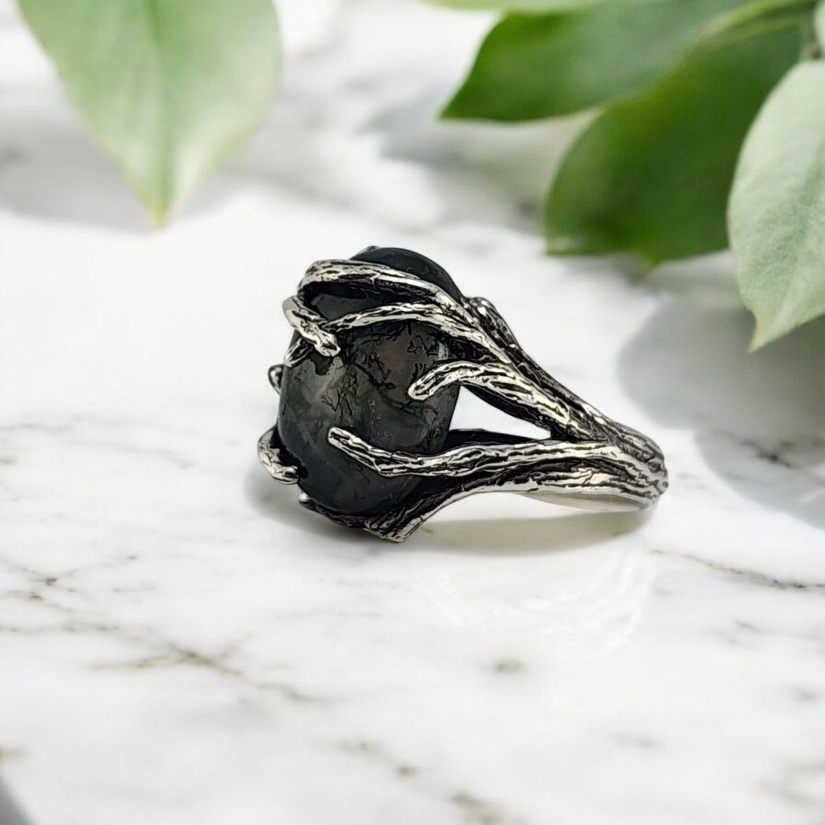 Oval Moss Agate Cabochon Gemstone Ring
