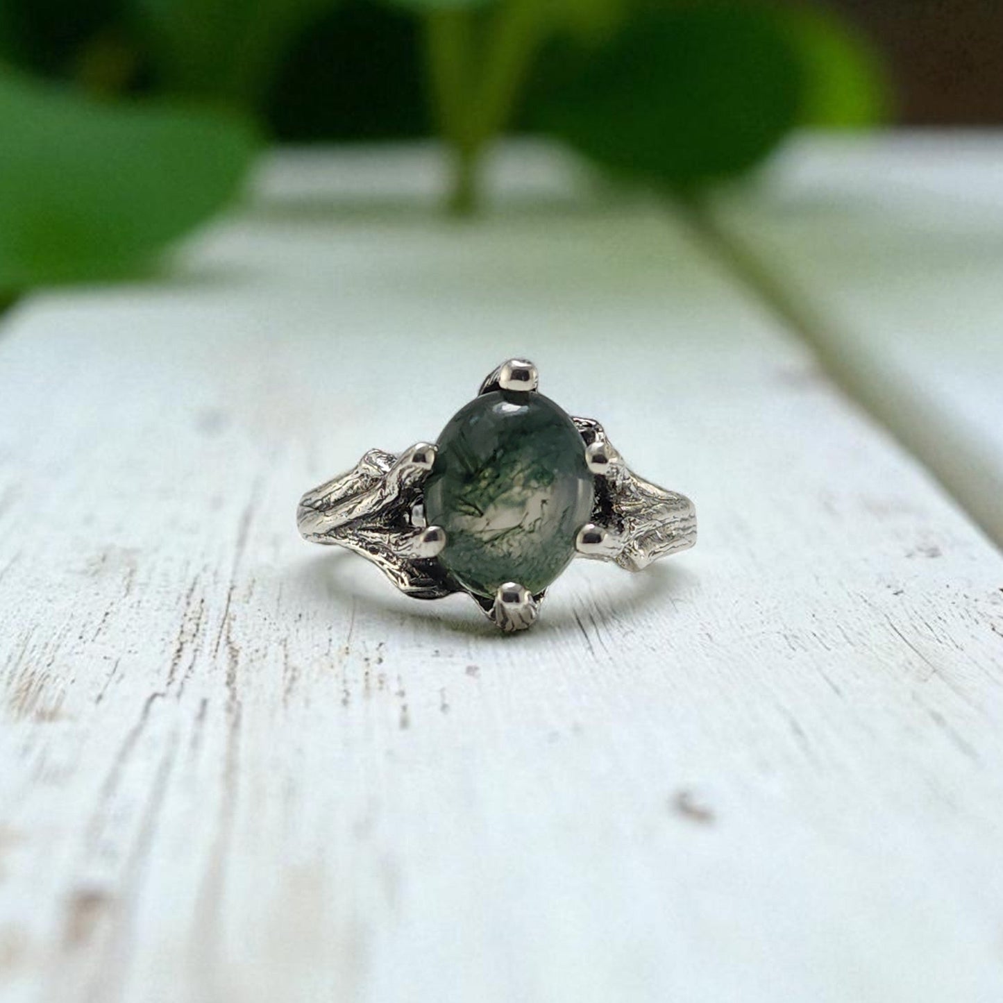 Moss Agate Twig Engagement Ring - Nature Inspired