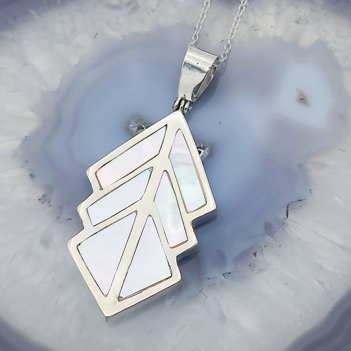 Mother of Pearl Art Deco Pendant | 3rd Anniversary | Sterling Silver