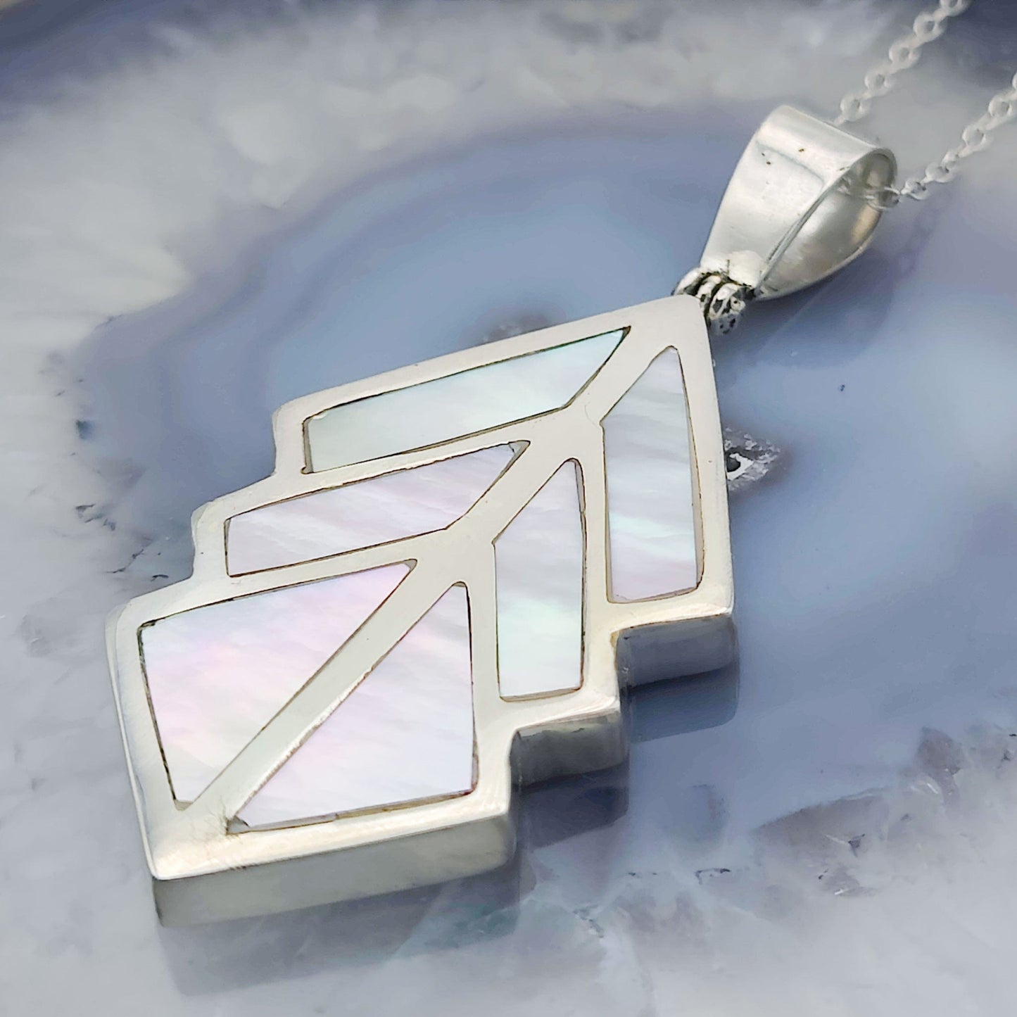Mother of Pearl Art Deco Pendant | 3rd Anniversary | Sterling Silver