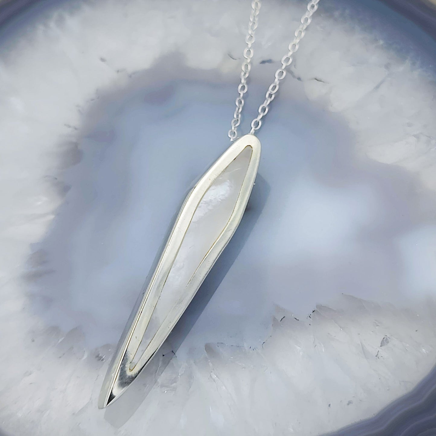 Mother of Pearl Art Deco Pendant | 40mm | June Birthday | Sterling Silver