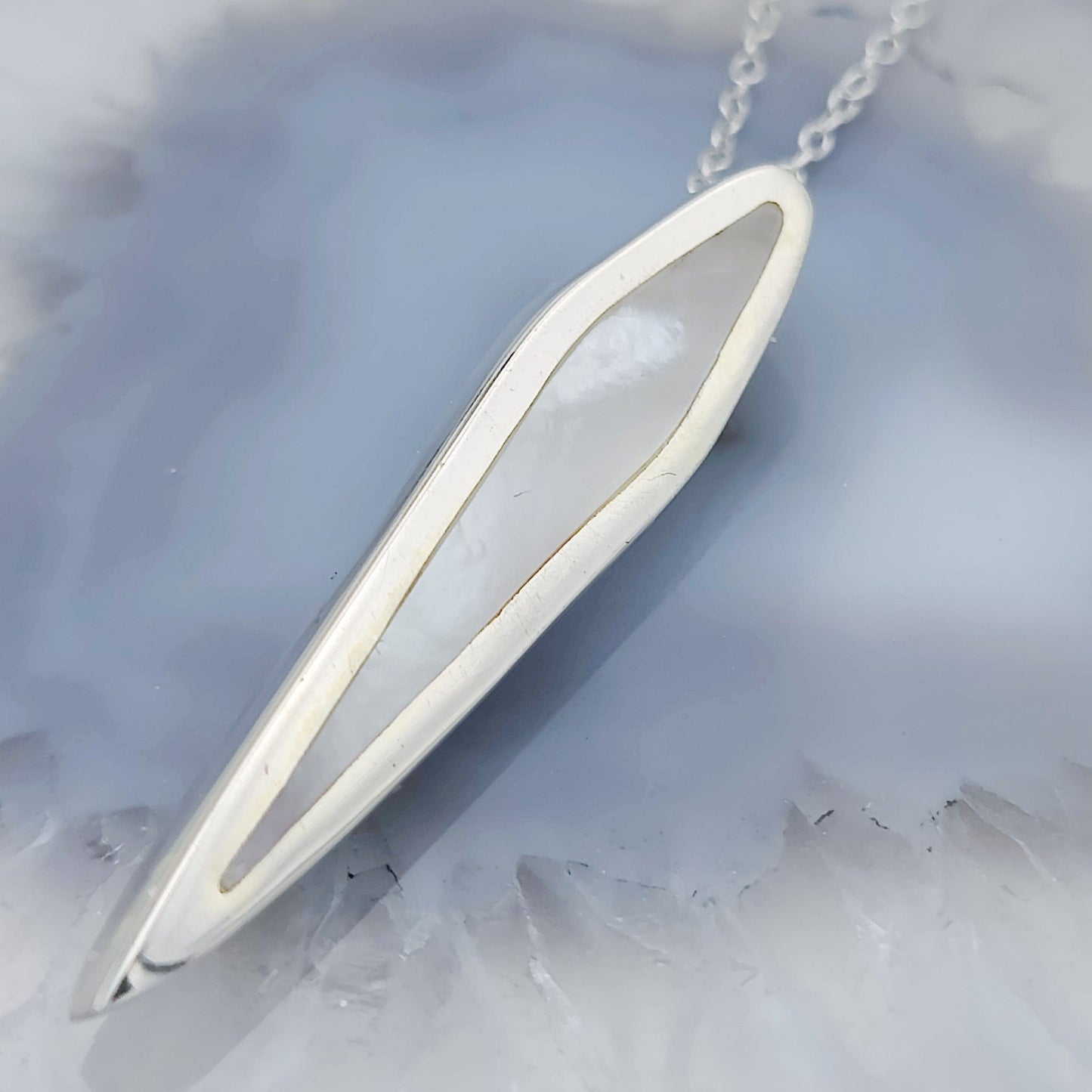 Mother of Pearl Art Deco Pendant | 40mm | June Birthday | Sterling Silver