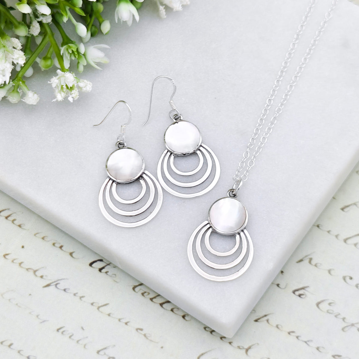 Mother of Pearl Triple Hoop Pendant in Sterling Silver | June Birthday Gift